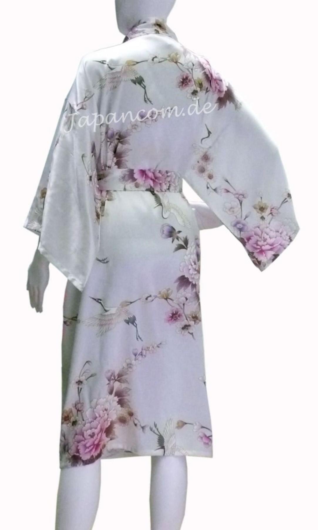 Kimono Royal Cranes weiss, kurz, Seide, Morgenmantel